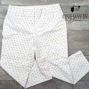 Loft Julie Cropped Pants White Beige Geometric Print Straight Leg Size 12